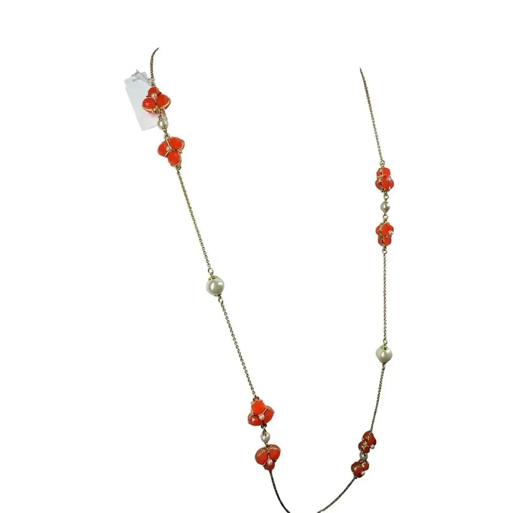 Kate Spade Long‎ Corpcore Necklace Enamel Flowers Pearl Gold Tone Retired Dainty